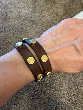 Tory Burch Double-Wrap Brown Leather Bracelet with Gold Logo Studs